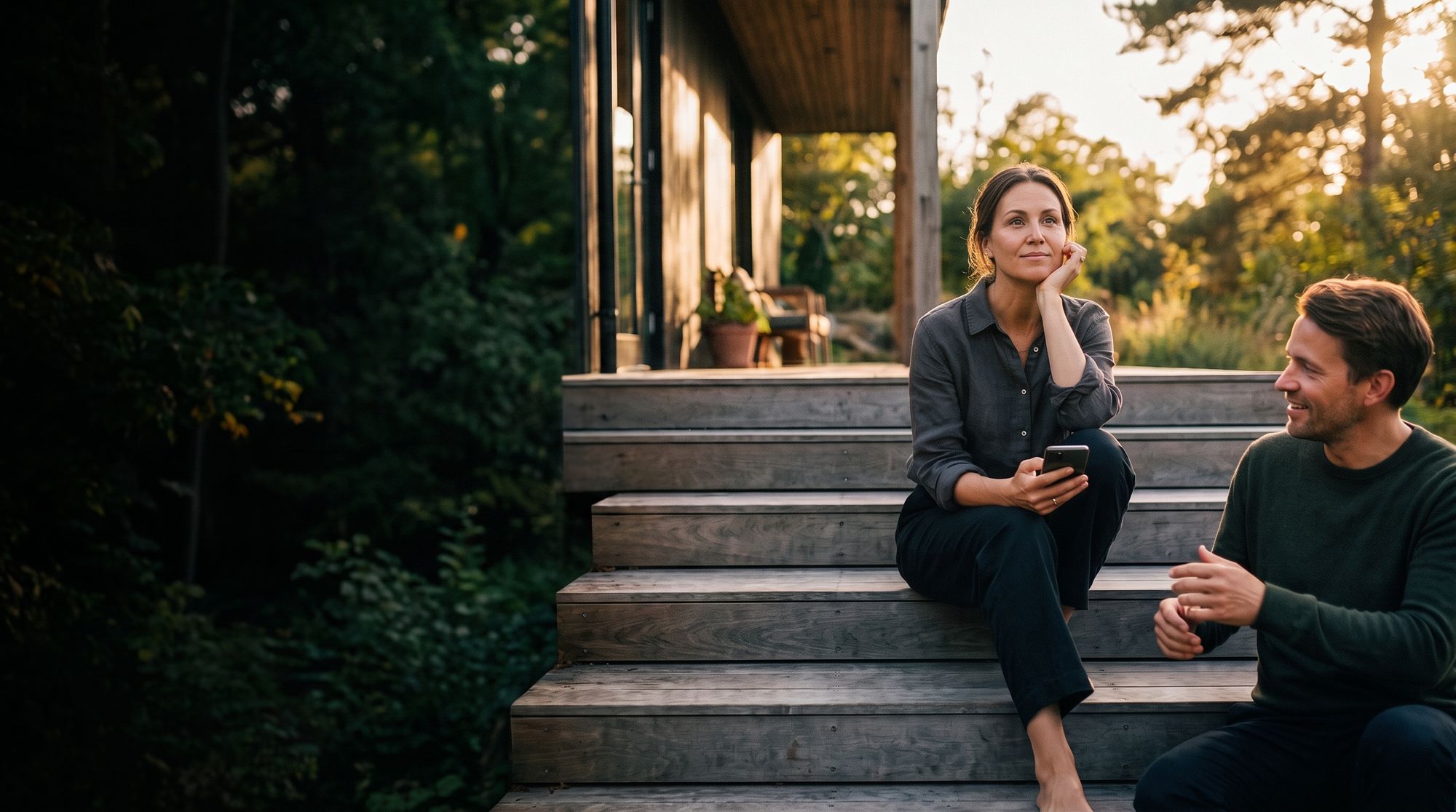 Two people sitting together on the steps of a home at golden hour, one holding a phone