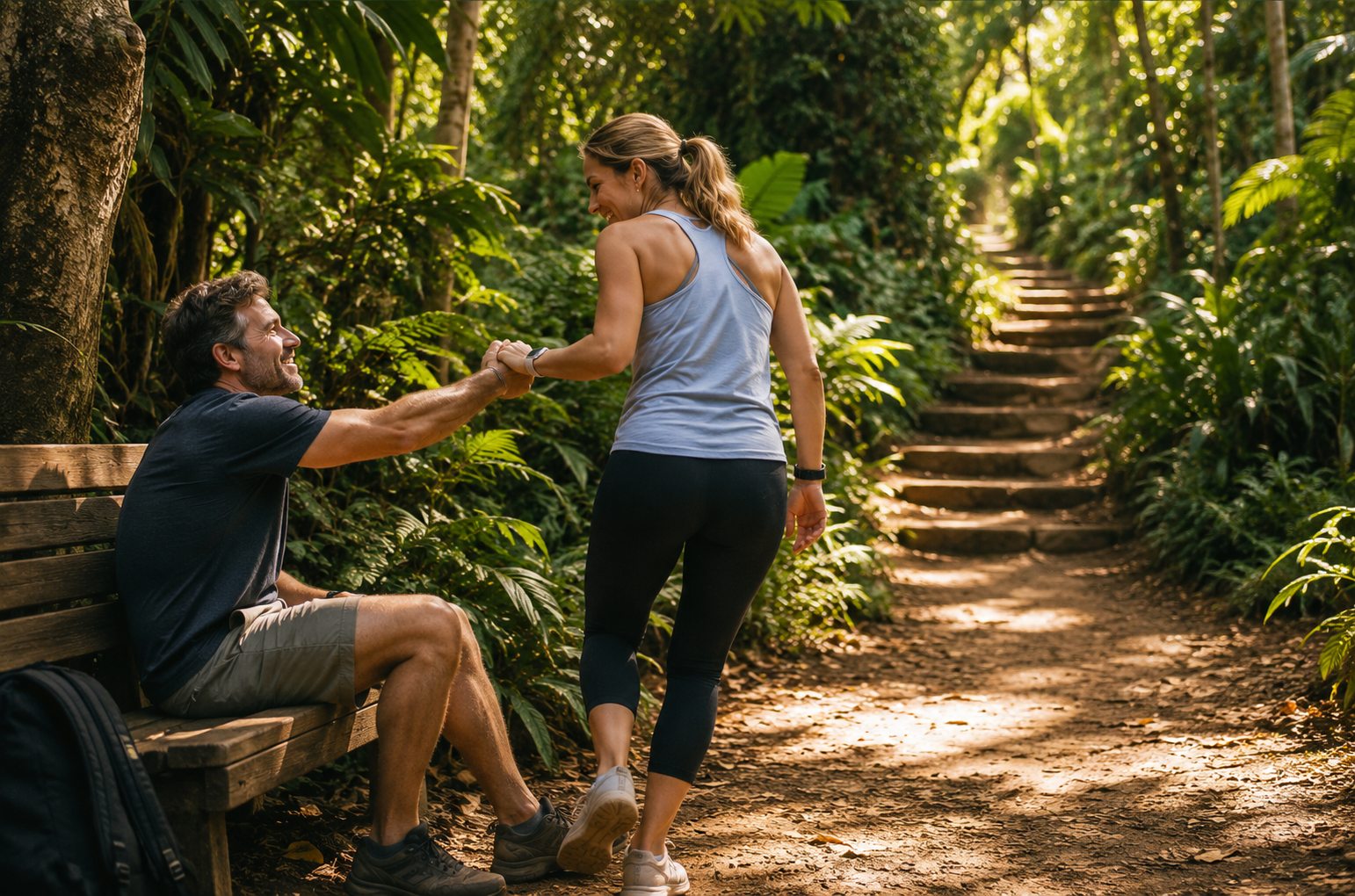 Two people on a garden trail, one helping the other up from a bench