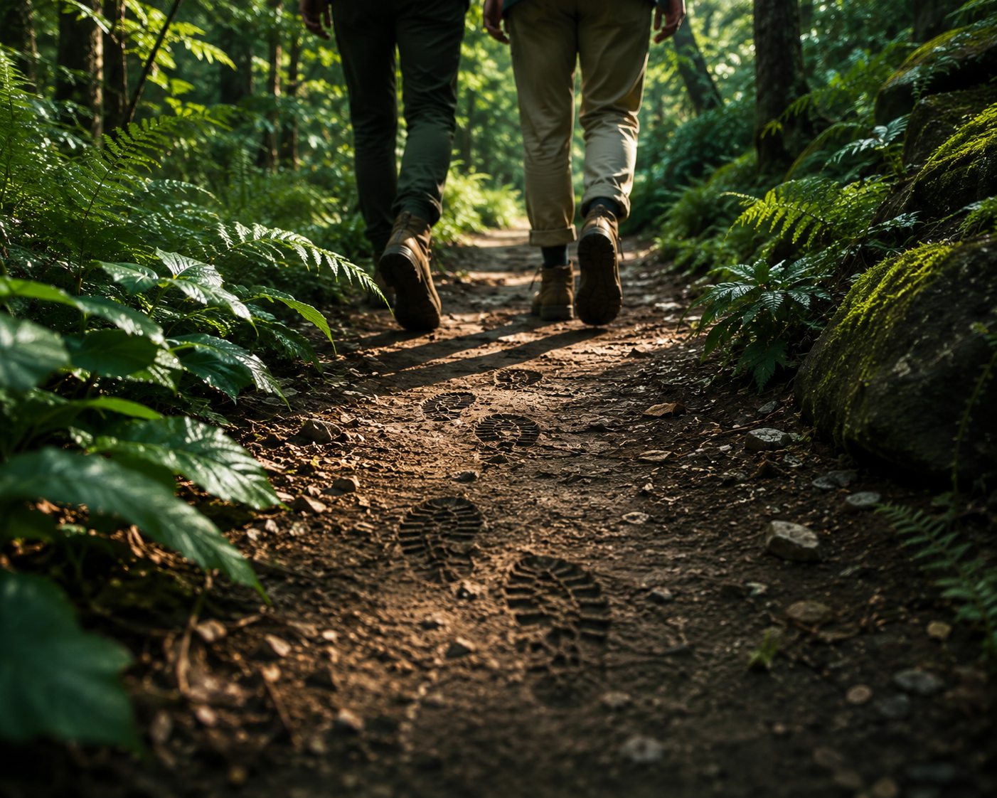 Two people walking a wooded trail together in late afternoon light