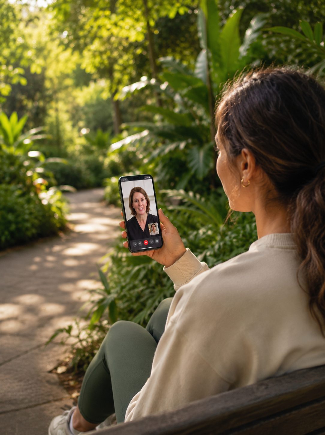 A member talking with her provider from a garden bench